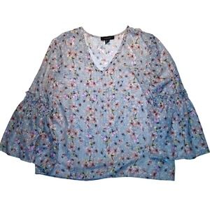 Atmosphere Floral Blouse Top‎ Bell Sleeve Semi Sheer Gray Pink Womens